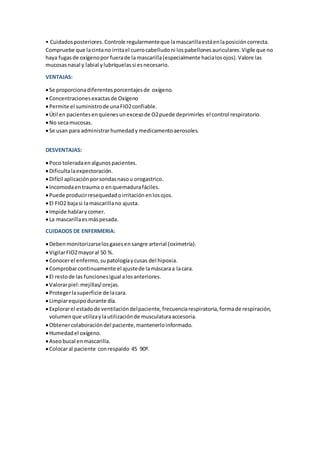 • Cuidadosposteriores.Controle regularmenteque lamascarillaestáenlaposicióncorrecta.
Compruebe que lacintano irritael cuerocabelludoni lospabellonesauriculares.Vigile que no
haya fugasde oxígenopor fuerade la mascarilla(especialmente hacialosojos).Valore las
mucosasnasal y labial ylubríquelassi esnecesario.
VENTAJAS:
Se proporcionadiferentesporcentajesde oxígeno.
Concentracionesexactasde Oxígeno
Permite el suministrode unaFIO2confiable.
Útil en pacientesenquienesunexcesode O2puede deprimirles el control respiratorio.
No secamucosas.
Se usan para administrarhumedady medicamentoaerosoles.
DESVENTAJAS:
Poco toleradaenalgunospacientes.
Dificultalaexpectoración.
Difícil aplicaciónporsondasnasou orogastrico.
Incomodaentrauma o enquemadurafáciles.
Puede producirresequedadoirritaciónenlosojos.
El FIO2 bajasi lamascarillano ajusta.
Impide hablarycomer.
La mascarillaesmáspesada.
CUIDADOS DE ENFERMERIA:
Debenmonitorizarselosgasesensangre arterial (oximetría).
VigilarFIO2mayoral 50 %.
Conocerel enfermo,supatologíaycusas del hipoxia.
Comprobarcontinuamente el ajustede lamáscaraa lacara.
El restode las funcionesigual alosanteriores.
Valorarpiel:mejillas/orejas.
Protegerlasuperficie de lacara.
Limpiarequipodurante día.
Explorarel estadode ventilacióndelpaciente, frecuenciarespiratoria,formade respiración,
volumenque utilizaylautilizaciónde musculaturaaccesoria.
Obtenercolaboracióndel paciente,mantenerloinformado.
Humedadel oxígeno.
Aseobucal enmascarilla.
Colocaral paciente conrespaldo 45 90º.
 