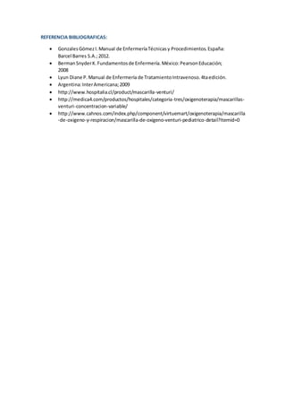 REFERENCIA BIBLIOGRAFICAS:
 GonzalesGómezI.Manual de EnfermeríaTécnicasy Procedimientos.España:
Barcel Barres S.A.;2012.
 BermanSnyderK.Fundamentosde Enfermería.México:PearsonEducación;
2008
 Lyun Diane P.Manual de Enfermería de TratamientoIntravenoso.4taedición.
 Argentina:InterAmericana;2009
 http://www.hospitalia.cl/product/mascarilla-venturi/
 http://medica4.com/productos/hospitales/categoria-tres/oxigenoterapia/mascarillas-
venturi-concentracion-variable/
 http://www.cahnos.com/index.php/component/virtuemart/oxigenoterapia/mascarilla
-de-oxigeno-y-respiracion/mascarilla-de-oxigeno-venturi-pediatrico-detail?Itemid=0
 