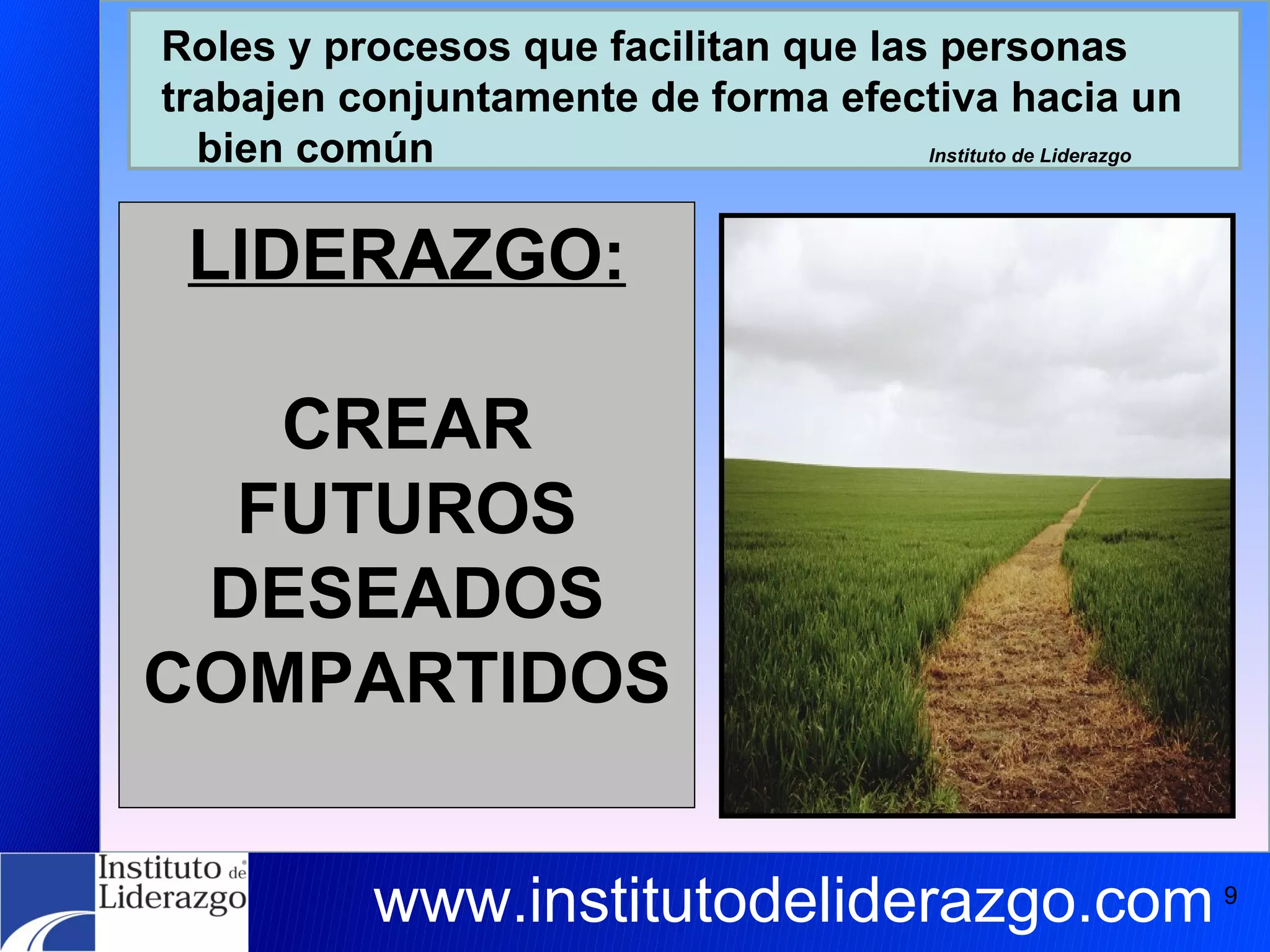 LIDERAZGO: CREAR FUTUROS DESEADOS COMPARTIDOS www.institutodeliderazgo.com Roles y procesos que facilitan que las personas trabajen conjuntamente de forma efectiva hacia un  bien común  Instituto de Liderazgo 
