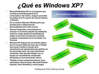 ¿Qué es Windows XP? ,[object Object],[object Object],[object Object],[object Object],[object Object],¿ Qué podemos hacer con Windows ? Navegar por Internet Optimizar la Pc Divertirse (Entretenimiento) Personalizar Windows Escribir cartas y hacer dibujos Trabajar con Archivos 