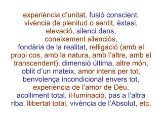 experiència d’unitat,  fusió conscient,  vivència de plenitud o sentit,  èxtasi,  elevació,  silenci dens, coneixement silenciós, fondària de la realitat,  relligació (amb el propi cos, amb la natura, amb l’altre, amb el transcendent),  dimensió última,  altre món,  oblit d’un mateix,  amor intens per tot,  benvolença incondicional envers tot,  experiència de l’amor de Déu, acolliment total,  il·luminació,  pas a l’altra riba,  llibertat total,  vivència de l’Absolut,  etc. 