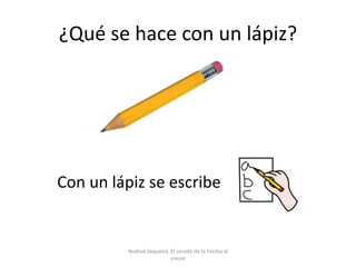 ¿Qué se hace con un lápiz?
Con un lápiz se escribe
Andrea Sequeira. El sonido de la hierba al
crecer
 