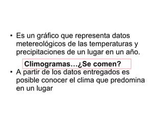 Es un gráfico que representa datos metereológicos de las temperaturas y precipitaciones de un lugar en un año. A partir de los datos entregados es posible conocer el clima que predomina en un lugar Climogramas…¿Se comen? 