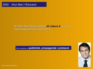 Font: EL PAIS, 27 juliol 2002 Els va destinar a   publicitat, propaganda i protocol . Al 2002  Artur Mas va treure  45 milions €   (7.500 milions pts)   del pressupost d’Ensenyament.  200 2 :  Artur Mas  i l’Educació   
