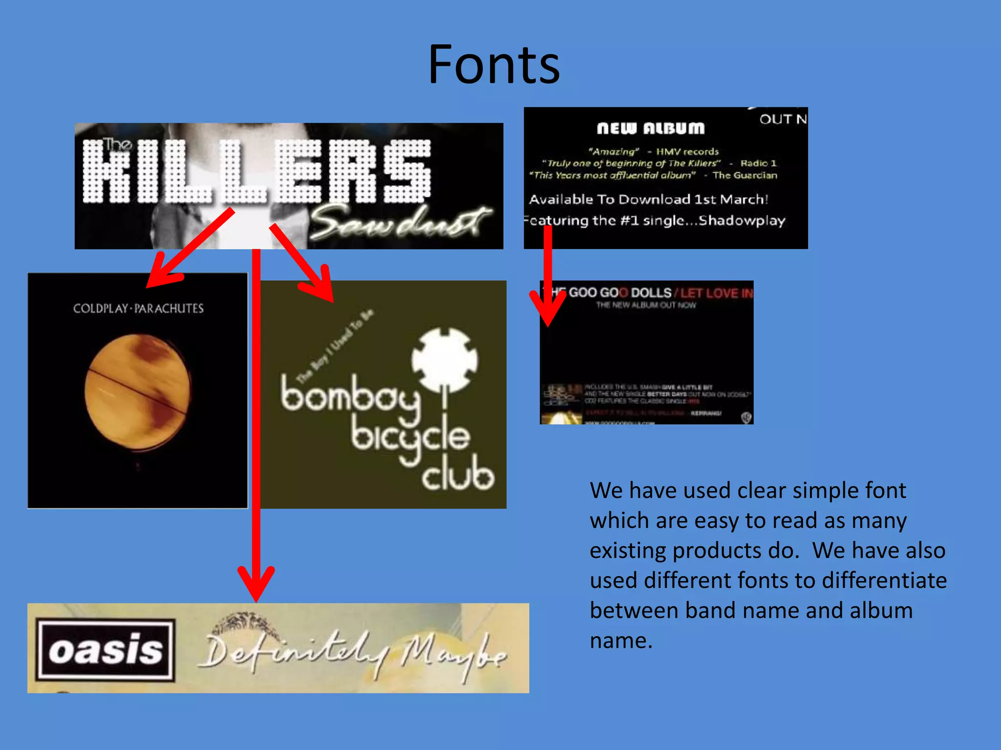 FontsWe have used clear simple font which are easy to read as many existing products do.  We have also used different fonts to differentiate between band name and album name.