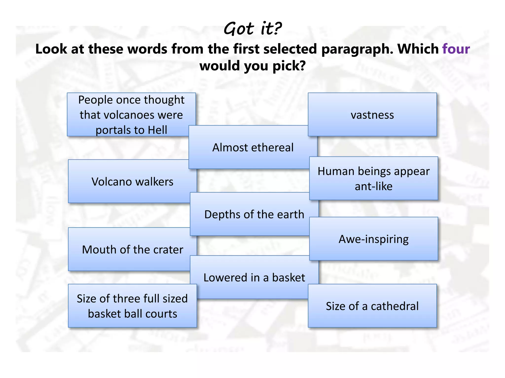 Got it?
Look at these words from the first selected paragraph. Which four
would you pick?
Volcano walkers
Mouth of the crater
Lowered in a basket
Depths of the earth
People once thought
that volcanoes were
portals to Hell
Awe-inspiring
Almost ethereal
vastness
Size of three full sized
basket ball courts
Size of a cathedral
Human beings appear
ant-like
 
