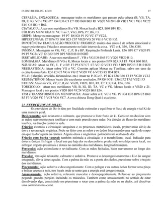 CURSO DE DO-IN - KOJJI 17 
CEFALÉIA, ENXAQUECA: massagear todos os meridianos que passam pela cabeça (B, VB, TA, 
ID, E, IG, VC e VG) P7 IG4 E36 C3 C7 ID3 B60 B65 R1 VG20 VB20 B10 VB21 VC1 VG1 VC22 
E45 C5 ID3 + B62. 
CIATALGIA: Atuar nos meridianos B e VB. Moxar local e B23. B60 BP6 R3 . 
CÓLICAS MENTRUAIS: VC 1 ao 7, VG3, BP6, P7, R6, F3. 
GRIPE:. Moxar ou massagear: P5 P7 R6 IG4 P1 P2 VC 17 VC22. 
HIPERTENSÃO: C7 BP6 P5 B60 B23 CS7 VB20 VG 20 VG16 VC15 IG5. 
IMPOTÊNCIA/ EJACULAÇÃO PRECOCE/ FRIGIDEZ: muitos dos casos é de ordem emocional e 
requer psicoterapia. Fricção e amassamento no lado interno da coxa. VC3 e 4, BP6, E36, CS8. 
INSÔNIA: Massagem no VG, VC, C, P, B e BP. Respiração Profunda Lenta. E36 BP6 C7 VG20 P1 
P9 P7 VG24 VC 12 B62 BP9 BP2 VB20 B10 INDÔ 
IRRITABILIDADE: Atuar nos meridianos F , VB e VG.E36 B65 F3 VG20 VB20 B10. 
LOMBALGIA: Meridianos B VG e R, Moxas locais e nos pontos BP9 B23. R3 F3 VG4 B60 B65. 
NÁUSEAS: Atuar no VC, E, F e BP. F3 P5 CS7 C7 C3 VC 12 VC13 VC15 BP1 BP2 F13 B19 B20 
NEURASTENIA: Atuar sobre VG e VC. Convém aplicar Moxas ou Tonificar, salvo em caso de 
excitação manifesta. E36 C3 C5 VG 6 VG12 VG20 VC 6 VC15 R9 ID4 B38. 
PELE: ( alergias, urticária, furunculose, etc.) Atuar no P, IG e F. P7 IG4 E36 BP6 F3 F8 VG20 VC12 
REUMATISMOS: Moxas locais dão excelentes resultados. P9 IG4 IG11 E36 BP2 TA5 VB21 F3 
STRESS: Atuar no VG, VC, C, R,etc. VG20, VB20, B10, R1, C7, C3, IG4, E36, BP6. 
TORCICOLO: Atuar nos meridianos VB, B, IG, ID, TA, VC e VG. Moxas locais e VB20 e 21. 
Massagem local e nos pontos:VB20 B10 VC24 VG28 B65 E36. 
TPM e TRANSTORNOS DA MENOPAUSA: Atuar sobre o F, VC e VG. P7 IG4 E36 BP6 C5 B60 
R3 F3 VG20 VC 3 VC4 VC6 VC7. A erva chinesa Dong Quai é excelente. 
21. EXERCÍCIOS DE DO-IN: 
Os exercícios de Do-In têm por finalidade estimular e equilibrar o fluxo de energia vital Ki de 
uma maneira geral. 
Deslizamento: ação relaxante e calmante, que promove o livre fluxo do ki. Consiste em deslizar com 
as mãos suavemente para tonificar e com mais pressão para sedar. Na direção do fluxo do meridiano 
tonifica, na direção contrária seda. 
Fricção: estimula a circulação sanguinea e os processos metabólicos locais, promovendo alívio da 
dor e a restauração orgânica. Pode ser feito com as mãos e os dedos friccionando uma região do corpo 
em que há dor aguda ou crônica. Alguns óleos e ungüentos potencializam o alívio da dor. 
Fricção com bucha vegetal: também estimula a circulação e o metabolismo local. Indicado para 
dores crônicas. Esfregar o local em que haja dor ou desconforto produzindo uma hiperemia local, ou 
esfregar regiões proximais e distais no caminho dos meridianos, longitudinalmente. 
Percussão: ação estimulante e revitalizante. Com as mãos fechadas, bater suavemente ao longo dos 
meridianos. 
Pressão: tem ação relaxante, calmante e sedativa. Promove o descongestionamento o ki e do sangue 
estagnado, alivia dores agudas. Com a palma da mão ou a ponta dos dedos, pressionar sobre o trajeto 
dos meridianos. 
Pinçamento: ação sedativa e descongestionante. Com o polegar e os outros dedos formar uma pinça 
e belicar apenas a pele, nos locais onde se sente que a energia está congestionada. 
Amassamento: ação sedativa, relaxante muscular e descopngestionante. Refere-se ao pinçamento 
pegando grandes porções incluindo os músculos. Também como amassamento no sentido de estar 
dissolvendo algo, consistindo em pressionar e rotar com a palma da mão ou os dedos, até dissolver 
uma contratura muscular. 
 