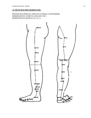 CURSO DE DO-IN - KOJJI 18 
22. PRANCHAS DOS MERIDIANOS: 
PONTOS DAS PERNAS, ASPECTO LATERAL E POSTERIOR. 
MERIDIANO DA VESÍCULA BILIAR ( VB ) 
MERIDIANO DA BEXIGA ( B ou V ) 
 