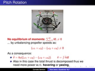 Pitch Rotation
No equilibrium of moments: 4
i=1 Mi = 0
... by unbalancing propeller speeds as:
(ω1 + ω2) − (ω3 + ω4) = 0
As a consequence:
˙θ = kP((ω1 + ω2) − (ω3 + ω4)) θ = ˙θdt
Also in this case the total thrust is decomposed thus we
need more power w.r.t. hovering or yawing.
Corrado Santoro How does a Quadrotor ﬂy?
 
