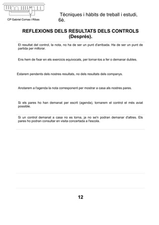 Tècniques i hàbits de treball i estudi,
                            6è.

   REFLEXIONS DELS RESULTATS DELS CONTROLS
                   (Després).
El resultat del control, la nota, no ha de ser un punt d'arribada. Ha de ser un punt de
partida per millorar.


Ens hem de fixar en els exercicis equivocats, per tornar-los a fer o demanar dubtes.



Estarem pendents dels nostres resultats, no dels resultats dels companys.



Anotarem a l'agenda la nota corresponent per mostrar a casa als nostres pares.



Si els pares ho han demanat per escrit (agenda), tornarem el control el més aviat
possible.


Si un control demanat a casa no es torna, ja no se'n podran demanar d'altres. Els
pares ho podran consultar en visita concertada a l'escola.




                                          12
 