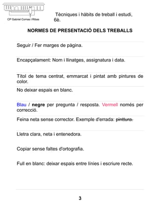 Tècniques i hàbits de treball i estudi,
                  6è.

     NORMES DE PRESENTACIÓ DELS TREBALLS


Seguir / Fer marges de pàgina.


Encapçalament: Nom i llinatges, assignatura i data.


Títol de tema centrat, emmarcat i pintat amb pintures de
color.
No deixar espais en blanc.


Blau / negre per pregunta / resposta. Vermell només per
correcció.
Feina neta sense corrector. Exemple d'errada: pinttura.


Lletra clara, neta i entenedora.


Copiar sense faltes d'ortografia.


Full en blanc: deixar espais entre línies i escriure recte.




                               3
 