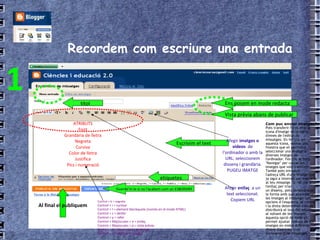 Recordem com escriure una entrada títol etiquetes Guarde'm-lo si no l'acabem com un ESBORANY Al final el publiquem Ens posem en mode redacta Escrivim el text  1 ATRIBUTS Font Grandària de lletra Negreta Cursiva Color de lletra Justifica Pics i numeració Afegir  imatges o vídeos  de l'ordinador o amb la URL: seleccionem disseny i grandària. PUGEU IMATGE Afegir  enllaç   a un text seleccionat. Copiem URL Vista prèvia abans de publicar Com puc enviar imatges? Pots transferir fotos amb la icona d'imatge de la barra d'eines de l'editor de missatges. En fer clic en aquesta icona, veuràs una finestra que et permetrà seleccionar una imatge o diverses imatges de l'ordinador. Fes clic al botó "Navegar" per cercar les imatges que vols transferir. També pots introduir l'adreça URL d'una imatge que ja sigui a Internet per inserir-la al teu missatge. Si fas clic a l'enllaç per triar un disseny, pots personalitzar la forma amb què apareixeran les imatges al missatge. Les opcions d l'esquerra, el centre i la dreta determinen com es distribuirà el text del missatge al voltant de les imatges. Aquesta opció de mida et permet ajustar l'escala de les imatges en mides diferents dintre d'aquesta àrea d'enviament de missatges. Control + b = negreta Control + i = cursiva Control + l = element blockquote (només en el mode HTML) Control + z = desfer Control + y = refer Control + Majúscules + a = enllaç Control + Majúscules + p = vista prèvia Control + d = desar com a esborrany Control + s = publicar missatge 