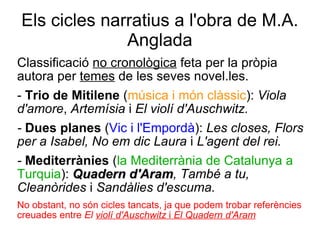Els cicles narratius a l'obra de M.A. Anglada Classificació  no cronològica  feta per la pròpia autora per  temes  de les seves novel.les. -  Trio de Mitilene  ( música i món clàssic ):  Viola d'amore ,  Artemísia  i  El violí d'Auschwitz.  -  Dues planes  ( Vic i l'Empordà ):  Les closes, Flors per a Isabel, No em dic Laura  i  L'agent del rei. -   Mediterrànies  ( la Mediterrània de Catalunya a Turquia ):  Quadern d'Aram , També a tu, Cleanòrides  i  Sandàlies d'escuma.   No obstant, no són cicles tancats, ja que podem trobar referències creuades entre  El  violí d'Auschwitz  i  El Quadern d'Aram 