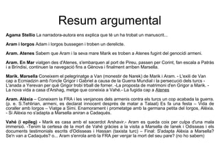 Resum argumental Agama Stellio  La narradora-autora ens explica que té un ha trobat un manuscrit... Aram i Iorgos  Adam i Iorgos bussegen i troben un derelicte. Aram. Atenes  Sabem que Aram i la seva mare Marik es troben a Atenes fugint del genocidi armeni. Aram. En Mar  viatgen des d'Atenes, s'embarquen al port de Pireu, passen per Corint, fan escala a Patràs i a Bríndisi, continuen la navegació fins a Gènova i finalment arriben Marsella. Marik. Marsella  Coneixem el  pelegrinatge a Van (monestir de Narek) de Marik i Aram. - L'exili de Van cap a Ecmiadzin amb l'oncle Grigor i Gabriel a causa de la Guerra Mundial i la persecució dels turcs -  L'anada a Yerevan per què Grigor trobi trball de forner. -La proposta de matrimoni d'en Grigor a Marik. - La nova vida a casa d'Arshag, metge que coneixia a Vahé.- La fugida cap a  Atenes Aram. Alèxia  – Coneixem la FRA i les venjances dels armenis contra els turcs un cop acabada la guerra. (p. e. S.Tehlirian, armeni, es declarat innocent després de matar a Talaat) Es fa una festa – Vida de coraller amb Iorgos – Viatge a Simi. Enamorament i prometatge amb la germana petita del Iorgos, Alèxia. - Si Alèxia no s'adapta a Marsella aniran a Cadaqués. Vahé (i epíleg) -  Marik es casa amb el sacerdot Arshavir.- Aram es queda coix per culpa d'una mala immersió. -Tenim la certesa de la mort de Vahé gràcies a la visita a Marsella de Ianek i Odisseas i els documents testimonials escrits d'Odisseas i Hassan (taxista turc) – Final: S'adapta Alèxia a Marsella? Se'n van a Cadaqués? o... Aram s'enrola amb la FRA per venjar la mort del seu pare? (no ho sabem) 