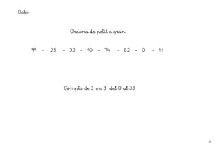 Data:


                          Ordena de petit a gran



        99   -   25   -   32   -   10   -   74   -   62   -   0   -   11




                      Compta de 3 en 3 del 0 al 33




                                                                           25
 