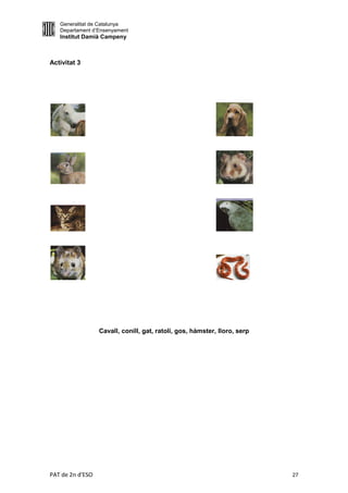 Generalitat de Catalunya
   Departament d’Ensenyament
   Institut Damià Campeny



Activitat 3




                  Cavall, conill, gat, ratolí, gos, hàmster, lloro, serp




PAT de 2n d'ESO                                                            27
 