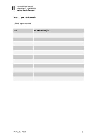 Generalitat de Catalunya
   Departament d’Ensenyament
   Institut Damià Campeny



Fitxa C per a l’alumne/a


Omple aquest quadre


Qui                      És admirat/da per...




PAT de 2n d'ESO                                 42
 