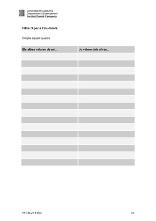 Generalitat de Catalunya
   Departament d’Ensenyament
   Institut Damià Campeny



Fitxa D per a l’alumne/a


Omple aquest quadre


Els altres valoren de mi...    Jo valoro dels altres...




PAT de 2n d'ESO                                           43
 