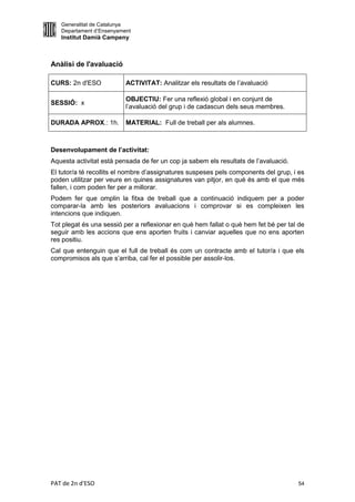 Generalitat de Catalunya
   Departament d’Ensenyament
   Institut Damià Campeny



Anàlisi de l'avaluació

CURS: 2n d'ESO            ACTIVITAT: Analitzar els resultats de l’avaluació

                          OBJECTIU: Fer una reflexió global i en conjunt de
SESSIÓ: x
                          l’avaluació del grup i de cadascun dels seus membres.

DURADA APROX.: 1h.        MATERIAL: Full de treball per als alumnes.



Desenvolupament de l’activitat:
Aquesta activitat està pensada de fer un cop ja sabem els resultats de l’avaluació.
El tutor/a té recollits el nombre d’assignatures suspeses pels components del grup, i es
poden utilitzar per veure en quines assignatures van pitjor, en què és amb el que més
fallen, i com poden fer per a millorar.
Podem fer que omplin la fitxa de treball que a continuació indiquem per a poder
comparar-la amb les posteriors avaluacions i comprovar si es compleixen les
intencions que indiquen.
Tot plegat és una sessió per a reflexionar en què hem fallat o què hem fet bé per tal de
seguir amb les accions que ens aporten fruits i canviar aquelles que no ens aporten
res positiu.
Cal que entenguin que el full de treball és com un contracte amb el tutor/a i que els
compromisos als que s’arriba, cal fer el possible per assolir-los.




PAT de 2n d'ESO                                                                       54
 