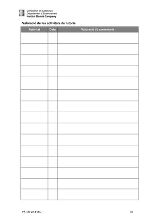 Generalitat de Catalunya
   Departament d’Ensenyament
   Institut Damià Campeny

Valoració de les activitats de tutoria
     Activitat       Data                Valoració i/o comentaris




PAT de 2n d'ESO                                                     56
 