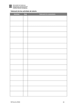 Generalitat de Catalunya
   Departament d’Ensenyament
   Institut Damià Campeny

Valoració de les activitats de tutoria
     Activitat       Data                Valoració i/o comentaris




PAT de 2n d'ESO                                                     84
 