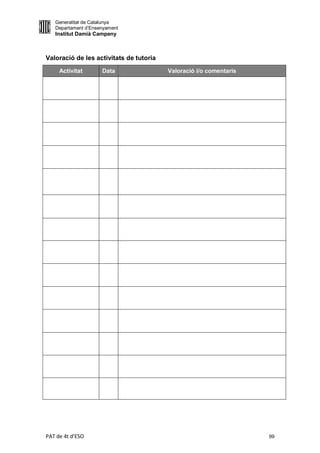 Generalitat de Catalunya
   Departament d’Ensenyament
   Institut Damià Campeny



Valoració de les activitats de tutoria
     Activitat       Data                Valoració i/o comentaris




PAT de 4t d'ESO                                                     99
 
