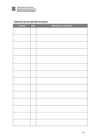 Generalitat de Catalunya
   Departament d’Ensenyament
   Institut Damià Campeny




Valoració de les activitats de tutoria
    Activitat        Data                Valoració i/o comentaris




                                                                    39
 