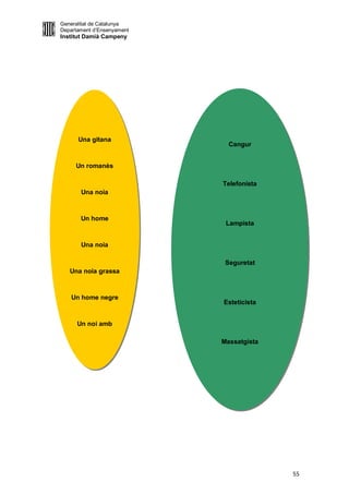 Generalitat de Catalunya
Departament d’Ensenyament
Institut Damià Campeny




      Una gitana
                                   Cangur


     Un romanès

                                 Telefonista
       Una noia



       Un home
                                  Lampista


       Una noia

                                  Seguretat
   Una noia grassa



    Un home negre
                                 Esteticista


      Un noi amb
       tatuatges
                                Massatgista

    Una noia amb
      pírcings
                                Dependent/a

       Un home



       Una noia                Auxiliar de vol




                            Treballador/a familiar

                                                     55
 