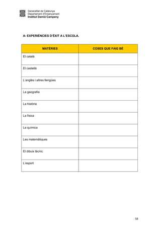 Generalitat de Catalunya
   Departament d’Ensenyament
   Institut Damià Campeny




A- EXPERIÈNCIES D’ÈXIT A L’ESCOLA.



               MATÈRIES              COSES QUE FAIG BÉ

El català


El castellà


L’anglès i altres llengües


La geografia


La història


La física


La química


Les matemàtiques


El dibuix tècnic


L’esport




                                                         58
 