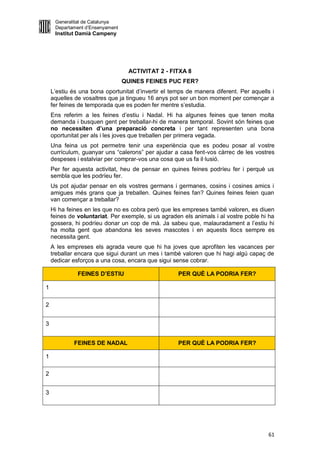 Generalitat de Catalunya
     Departament d’Ensenyament
     Institut Damià Campeny




                                  ACTIVITAT 2 - FITXA 8
                                 QUINES FEINES PUC FER?
    L’estiu és una bona oportunitat d’invertir el temps de manera diferent. Per aquells i
    aquelles de vosaltres que ja tingueu 16 anys pot ser un bon moment per començar a
    fer feines de temporada que es poden fer mentre s’estudia.
    Ens referim a les feines d’estiu i Nadal. Hi ha algunes feines que tenen molta
    demanda i busquen gent per treballar-hi de manera temporal. Sovint són feines que
    no necessiten d’una preparació concreta i per tant representen una bona
    oportunitat per als i les joves que treballen per primera vegada.
    Una feina us pot permetre tenir una experiència que es podeu posar al vostre
    currículum, guanyar uns “calerons” per ajudar a casa fent-vos càrrec de les vostres
    despeses i estalviar per comprar-vos una cosa que us fa il·lusió.
    Per fer aquesta activitat, heu de pensar en quines feines podríeu fer i perquè us
    sembla que les podríeu fer.
    Us pot ajudar pensar en els vostres germans i germanes, cosins i cosines amics i
    amigues més grans que ja treballen. Quines feines fan? Quines feines feien quan
    van començar a treballar?
    Hi ha feines en les que no es cobra però que les empreses també valoren, es diuen
    feines de voluntariat. Per exemple, si us agraden els animals i al vostre poble hi ha
    gossera, hi podríeu donar un cop de mà. Ja sabeu que, malauradament a l’estiu hi
    ha molta gent que abandona les seves mascotes i en aquests llocs sempre es
    necessita gent.
    A les empreses els agrada veure que hi ha joves que aprofiten les vacances per
    treballar encara que sigui durant un mes i també valoren que hi hagi algú capaç de
    dedicar esforços a una cosa, encara que sigui sense cobrar.

              FEINES D’ESTIU                        PER QUÈ LA PODRIA FER?

1

2


3


            FEINES DE NADAL                         PER QUÈ LA PODRIA FER?

1

2


3




                                                                                      61
 