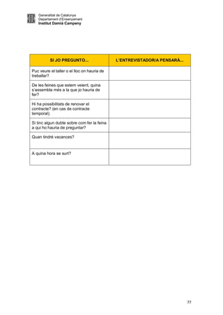 Generalitat de Catalunya
   Departament d’Ensenyament
   Institut Damià Campeny




          SI JO PREGUNTO...                  L’ENTREVISTADOR/A PENSARÀ...

Puc veure el taller o el lloc on hauria de
treballar?

De les feines que estem veient, quina
s’assembla més a la que jo hauria de
fer?

Hi ha possibilitats de renovar el
contracte? (en cas de contracte
temporal).

Si tinc algun dubte sobre com fer la feina
a qui ho hauria de preguntar?

Quan tindré vacances?


A quina hora se surt?




                                                                            77
 