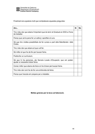 Generalitat de Catalunya
         Departament d’Ensenyament
         Institut Damià Campeny




Finalment ens ajudaria molt que contestessis aquestes preguntes:


Ara...                                                                            Sí   No

Tinc més clar que abans l’important que és tenir el Graduat en ESO a l’hora
de treballar.

Penso que val la pena fer un esforç i aprofitar el curs.

Sé que tinc moltes possibilitats de fer cursos a part dels Batxillerats i dels
Cicles.

Tinc més clar que abans el que vull fer.

Sé millor el que he de fer per buscar feina.

Podria fer un currículum.

Sé que hi ha persones, als Serveis Locals d’Ocupació, que em poden
ajudar si necessito trobar feina.

Conec millor que abans els llocs on he d’anar per buscar feina.

Tinc més clar com he de fer una entrevista de feina.

Penso que l’escola em prepara per a treballar.




                       Moltes gràcies per la teva col·laboració.




                                                                             80
 