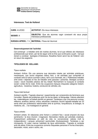Generalitat de Catalunya
            Departament d’Ensenyament
            Institut Damià Campeny




   Interessos. Test de Holland


CURS: 4t d’ESO            ACTIVITAT: Els meus interessos

                          OBJECTIU: Que els alumnes vagin coneixent els seus propis
SESSIÓ: X
                          interessos professionals

DURADA APROX.: 1 h MATERIAL: Fitxes de l’alumnat



   Desenvolupament de l’activitat:
   Cal començar a treballar amb els nostres alumnes, tot el que refereix als interessos
   professionals que tenen, per tal de seguir amb la línia que continuarà a quart. Cal que
   donem a conèixer tipologies d’interessos. Nosaltres farem servir les de Holland i són
   en resum les següents:


   TIPOLOGIES DE HOLLAND:


   Tipus realista
   Ambient d'oficis: Ets una persona que demostra interès per activitats pràctiques,
   mecàniques, que sovint exigeixen esforç físic; o bé activitats que comporten el
   contacte amb la natura (conrear cultius, tenir cura d'animals, etc.). Prefereixes treballar
   amb eines i objectes en lloc de treballar amb paraules i persones. Desitges construir
   coses i veure resultats pràctics del teu treball. Normalment no busques el contacte
   social i evites fer-te notar. Entre les ocupacions típiques d'aquesta categoria trobem:
   agricultura, mecànica, fusteria, conducció de vehicles, etc.


   Tipus intel·lectual
   Ambient científic: T’agrada observar i experimentar per comprendre els fenòmens que
   t’envolten. Resols els problemes amb l'ús de les idees i el llenguatge. Valores altament
   les matemàtiques i el treball científic en general. Tendeixes a ser una persona curiosa,
   reflexiva, analítica, teòrica, crítica, estudiosa i metòdica. Sovint t’agrada treballar sol. Et
   sents atret per professions relacionades amb la química, l'arquitectura, la biologia, la
   medicina, etc. , i la investigació en general.


   Tipus artístic
   Ambient artístic: Et relaciones amb l'entorn o ambient físic i social emprant els teus
   sentiments i la teva intuïció i imaginació. Demostres interès per activitats creatives.
   Freqüentment prefereixes un estil de vida no convencional, valores molt la
   independència i cerques activament oportunitats d'autoexpressió. Tendeixes a ser
   introspectiu. Et solen mancar habilitats de tipus administratiu. T’agrada el contacte
   amb els altres. Entre les ocupacions corrents d'aquestes persones hi ha les d'escriptor,
   decorador, músic, actor o actriu, etc.


                                                                                     83
 