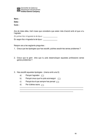 Generalitat de Catalunya
          Departament d’Ensenyament
          Institut Damià Campeny



Nom :
Data :
Curs :


Ara de totes elles, tria'n dues que consideris que estan més d’acord amb el que a tu
t’agrada:
En primer lloc m’agrada la de tipus : ______________
En segon lloc m’agrada la de tipus : ______________


Respon ara a les següents preguntes :
1. Creus que les tipologies que has escollit, podries assolir-les sense problemes ?




2. Creus que la gent diria que tu pots desenvolupar aquestes professions sense
   gaires problemes ?




3. Has escollit aquestes tipologies : (marca amb una X)
         a)     Perquè t’agraden
         b)     Perquè creus que ho pots aconseguir
         c)     Perquè és el que sempre has pensat
         d)    Per d’altres raons
         _______________________________________________________________
         _______________________________________________________________
         _____________________________________________________




                                                                           86
 