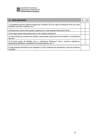 Generalitat de Catalunya
                 Departament d’Ensenyament
                 Institut Damià Campeny




13. FÍSIC-ESPORTIU                                                                                      SÍ   NO

1) Consideres que tens aptituds físiques per a l'esport? És a dir: saps coordinar bé el teu cos, tens
flexibilitat, ets fort/a i resistent, etc.?

2) Acostumes a treure notes iguals o superiors al 7 a les matèries d'Educació Física?
3) Fas algun esport extraescolar amb un bon nivell de rendiment?
4) Tens facilitat per entendre els articles i documentals relacionats amb l'anatomia i funcionament
del cos?
5) Et sents capaç de treballar com a: professor/a d'Educació Física, monitor/a esportiu/va,
esportista professional, entrenador/a d'un equip esportiu, etc..?

A cada resposta afirmativa li has d'assignar un 20% (solament les afirmatives) i escriure el total en
el quadre




                                                                                            92
 
