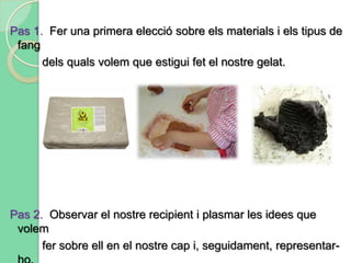 Pas 1.  Presentació dels materials que treballarem. Primer de tot ens            han donat una galleda amb fang en pols i un pot d’aigua.Pas 2.  Seguidament, es tractava de tocar el material i barrejar-ho amb                aigua per tal de crear una massa pastosa.            Això ho hem aconseguit barrejant el fang           en pols que ens han donat amb l’aigua.           