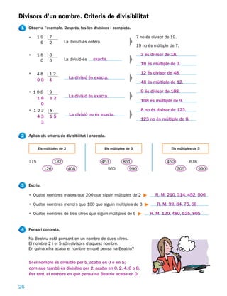 Divisors d’un nombre. Criteris de divisibilitat
1    Observa l’exemple. Després, fes les divisions i completa.

     • 019        7                                                       7 no és divisor de 19.
        05        2         La divisió és entera.
                                                                          19 no és múltiple de 7.

     • 018        3                                                         3 és divisor de 18.
        00        6         La divisió és    exacta.
                                                                            18 és múltiple de 3.

     • 048        12                                                        12 és divisor de 48.
                                La divisió és exacta.
           00     4
                                                                            48 és múltiple de 12.

     • 108        9                                                         9 és divisor de 108.
           18     12            La divisió és exacta.
                                                                            108 és múltiple de 9.
            0
     • 123        8                                                         8 no és divisor de 123.
           43     15            La divisió no és exacta.
                                                                            123 no és múltiple de 8.
            3

2    Aplica els criteris de divisibilitat i encercla.


           Els múltiples de 2                        Els múltiples de 3                      Els múltiples de 5


     375              132                           453         861                       450            678
                126             408                     560         990                            705         990


3    Escriu.

     • Quatre nombres majors que 200 que siguin múltiples de 2                      R. M. 210, 314, 452, 506

     • Quatre nombres menors que 100 que siguin múltiples de 3                       R. M. 99, 84, 75, 60

     • Quatre nombres de tres xifres que siguin múltiples de 5                   R. M. 120, 480, 525, 805


4    Pensa i contesta.

     Na Beatriu està pensant en un nombre de dues xifres.
     El nombre 2 i el 5 són divisors d’aquest nombre.
     En quina xifra acaba el nombre en què pensa na Beatriu?


     Si el nombre és divisible per 5, acaba en 0 o en 5;
     com que també és divisible per 2, acaba en 0, 2, 4, 6 o 8.
     Per tant, el nombre en què pensa na Beatriu acaba en 0.

26
 