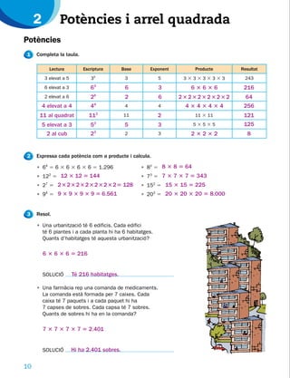 2           Potències i arrel quadrada
Potències
1    Completa la taula.

            Lectura          Escriptura        Base      Exponent         Producte   Resultat
          3 elevat a 5          3 5
                                                3           5        333333333        243
          6 elevat a 3          63              6           3         63636           216
          2 elevat a 6          2   6
                                                2           6       23232323232        64
         4 elevat a 4           4   4
                                                4           4        4343434          256
      11 al quadrat            11     2
                                               11           2             11 3 11     121
         5 elevat a 3           5   3
                                                5           3             53535       125
           2 al cub             23              2           3         23232             8


2    Expressa cada potència com a producte i calcula.

     • 64 5 6 3 6 3 6 3 6 5 1.296                     • 82 5 8 3 8 5 64
     • 122 5 12 3 12 5 144                            • 73 5 7 3 7 3 7 5 343
     • 27 5 2 3 2 3 2 3 2 3 2 3 2 3 2 5 128           • 152 5 15 3 15 5 225
     • 94 5 9 3 9 3 9 3 9 5 6.561                     • 203 5 20 3 20 3 20 5 8.000


3    Resol.

     • Una urbanització té 6 edificis. Cada edifici
       té 6 plantes i a cada planta hi ha 6 habitatges.
       Quants d’habitatges té aquesta urbanització?

         6 3 6 3 6 5 216


         SOLUCIÓ         Té 216 habitatges.

     • Una farmàcia rep una comanda de medicaments.
       La comanda està formada per 7 caixes. Cada
       caixa té 7 paquets i a cada paquet hi ha
       7 capses de sobres. Cada capsa té 7 sobres.
       Quants de sobres hi ha en la comanda?

         7 3 7 3 7 3 7 5 2.401


         SOLUCIÓ         Hi ha 2.401 sobres.

10
 