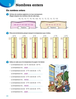 3              Nombres enters
Els nombres enters
1    Col·loca els nombres següents en el sac corresponent.
     Afegeix després tres nombres més de cada tipus.
                       18, 13, 25, 17, 26, 19, 112, 26, 21, 22, 12, 24, 23, 111



                  18 13 17 19 112 12 111                          25 26 21 22 24 23
                             POSITIUS                                  NEGATIUS



2    Pinta els termòmetres perquè marquin la temperatura que s’indica.

          26 °C                2 °C               4 °C       0 °C             27 °C        22 °C
     1                   2                    3          4               5            6

          14                  14                  14         14               14           14

                             12
              0                 0                  0          0                   0         0

                                                                                          22
          24                  24                  24         24               24           24

         26
                                                                             27


3    Indica en cada cas si la temperatura ha pujat o ha baixat.
     • La temperatura era 111 °C i ara és de 114 °C.

         La temperatura ha          pujat.

     • La temperatura era de 24 °C i ara és de 21 °C.

         La temperatura ha          pujat.

     • La temperatura era de 13 °C i ara és de 22 °C.

         La temperatura ha          baixat.

     • La temperatura era de 23 °C i ara és de 25 °C.

         La temperatura ha          baixat.

     • La temperatura era de 28 ºC i ara és de 26 ºC.

         La temperatura ha          pujat.

16
 