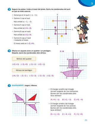 3
5   Segueix les pistes i troba el tresor del pirata. Escriu les coordenades del punt
    en què es troba soterrat.

    • Comença en el punt (21, 11).                                       N

    • Camina 3 cap al sud.
      Has arribat a (21, 22).                                                        ●

    • Camina 5 cap a l’est.
      Has arribat al (14, 22).                                       ●
                                                  O                                           E
                                                                     0
    • Camina 6 cap al nord.
      Has arribat al (14, 14).                                       ●               ●

    • Camina 6 cap a l’oest
      i trobaràs el tresor.
      El tresor està en (22, 14 ).                                       S



6   Dibuixa en aquests eixos un quadrat i un pentàgon.                       R. M.
    Després, escriu les coordenades dels vèrtexs.


          Vèrtexs del quadrat                                                            B               A

    (12, 13 ) (22, 13 )        (22, 21 )      (12, 21 )
                                                                                              0
                                                                                         C               D
          Vèrtexs del pentàgon
                                                                                              F              E
                                                                             G
    (14, 22 ) ( 0, 22 )        (25, 23 )      (23, 25 )   (12, 25)
                                                                                     H               I


7   RAONAMENT. Llegeix i dibuixa.

                                                            • El triangle simètric del triangle
                                                              vermell respecte de l’eix horitzontal.
      F                                                       Quines són les coordenades dels
                                                              seus vèrtexs?

                                                              A (14, 21)         B (11, 21)       C (15, 24)
          E        D
                       0
                           B          A                     • El triangle simètric del triangle
                                                              vermell respecte de l’eix vertical.
                                                              Quines són les coordenades dels
                                                              seus vèrtexs?
                                          C
                                                              D (21, 11)         E (24, 11)       F (25, 14)


                                                                                                                 21
 