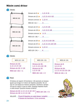 Màxim comú divisor
1    Calcula.

                                 Divisors de 8          1, 2, 4 i 8

                                 Divisors de 12         1, 2, 3, 4, 6 i 12
         MCD (8 i 12)
                                 Divisors comuns        1, 2 i 4

                                 MCD (8 i 12) 5         4

                                 Divisors de 15         1, 3, 5 i 15

                                 Divisors de 18         1, 2, 3, 6 i 18
        MCD (15 i 18)
                                 Divisors comuns        1i3

                                 MCD (15 i 18) 5        3

                                 Divisors de 20         1, 2, 4, 5, 10 i 20

                                 Divisors de 24         1, 2, 3, 4, 6, 12 i 24
        MCD (20 i 24)
                                 Divisors comuns        1, 2 i 4

                                 MCD (20 i 24) 5       4


2    Calcula.

              MCD (12 i 19)                      MCD (36 i 10)                        MCD (8 i 24)

     Divisors de 12:                    Divisors de 36:                       Divisors de 8:
     1, 2, 3, 4, 6 i 12                 1, 2, 3, 4, 6, 12 i 36                1, 2, 4 i 8
     Divisors de 19: 1 i 19             Divisors de 10:                       Divisors de 24:
     MCD (12 i 19) 5 1                  1, 2, 5 i 10                          1, 2, 3, 4, 6, 8, 12 i 24
                                        MCD (36 i 10) 5 2                     MCD (8 i 24) 5 8

3    Resol.

     N’Andrea vol repartir 24 bombons i 18 caramels en bosses
     iguals que tenguin el màxim de llepolies possible. No vol
     que en una bossa es mesclin caramels i bombons; tampoc
     vol que en sobrin ni que en faltin. Quantes llepolies ficarà
     a cada bossa? Quantes bosses omplirà?
     Divisors de 24: 1, 2, 3, 4, 6, 12 i 24
     Divisors de 18: 1, 2, 3, 6 i 18          6 MCD (18 i 24) 5 6
     SOLUCIÓ      Ficarà 6 llepolies en cada bossa i omplirà
                  4 bosses de bombons i 3 de caramels.
28
 
