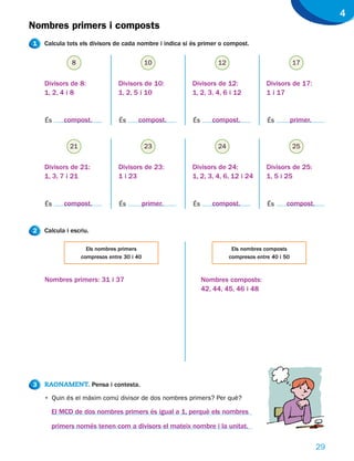 4
Nombres primers i composts
1   Calcula tots els divisors de cada nombre i indica si és primer o compost.

              8                             10                     12                             17


    Divisors de 8:              Divisors de 10:         Divisors de 12:               Divisors de 17:
    1, 2, 4 i 8                 1, 2, 5 i 10            1, 2, 3, 4, 6 i 12            1 i 17


    És     compost.             És     compost.          És      compost.             És          primer.


             21                             23                     24                             25


    Divisors de 21:             Divisors de 23:         Divisors de 24:               Divisors de 25:
    1, 3, 7 i 21                1 i 23                  1, 2, 3, 4, 6, 12 i 24        1, 5 i 25


    És     compost.             És          primer.      És      compost.             És     compost.


2   Calcula i escriu.

                    Els nombres primers                                  Els nombres composts
                  compresos entre 30 i 40                               compresos entre 40 i 50



    Nombres primers: 31 i 37                                  Nombres composts:
                                                              42, 44, 45, 46 i 48




3   RAONAMENT. Pensa i contesta.

    • Quin és el màxim comú divisor de dos nombres primers? Per què?

      El MCD de dos nombres primers és igual a 1, perquè els nombres

      primers només tenen com a divisors el mateix nombre i la unitat.

                                                                                                            29
 
