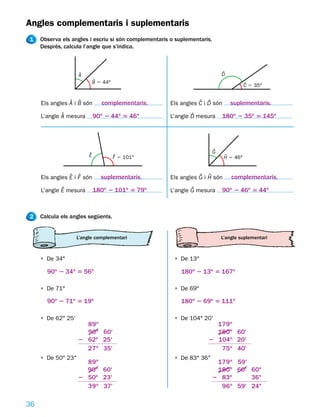 Angles complementaris i suplementaris
1    Observa els angles i escriu si són complementaris o suplementaris.
     Després, calcula l’angle que s’indica.



                     Â                                                        D̂
                               B̂ 5 44°
                                                                                           Ĉ 5 35°


     Els angles Â i B̂ són        complementaris.     Els angles Ĉ i D̂ són       suplementaris.

     L’angle Â mesura         90o 2 44o 5 46o         L’angle D̂ mesura        180o 2 35o 5 145o




                                                                          Ĝ
                          Ê              F̂ 5 101°                             Ĥ 5 46°


     Els angles Ê i F ̂ són      suplementaris.       Els angles Ĝ i Ĥ són       complementaris.

     L’angle Ê mesura         180o 2 101o 5 79o       L’angle Ĝ mesura        90o 2 46o 5 44o



2    Calcula els angles següents.


                    L’angle complementari                                      L’angle suplementari



     • De 34°                                           • De 13°

       90o 2 34o 5 56o                                     180o 2 13o 5 167o

     • De 71°                                           • De 69°

       90o 2 71o 5 19o                                     180o 2 69o 5 111o

     • De 62° 25'                                       • De 104° 20'
                       89o                                               179o
                       90o 60'                                           180o 60'
                     2 62o 25'                                         2 104o 20'
                       27o 35'                                            75o 40'
     • De 50° 23"                                       • De 83° 36"
                       89o                                               179o 59'
                       90o 60'                                           180o 60' 60"
                     2 50o 23'                                          2 83o     36"
                       39o 37'                                            96o 59' 24"

36
 