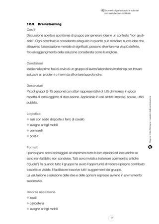 |

12 Strumenti di partecipazione volontari
	 con tecniche non codificate

12.3		 Brainstorming
Cos’è
Discussione aperta e spontanea di gruppo per generare idee in un contesto “non giudiziale”. Ogni contributo è considerato adeguato in quanto può stimolare nuove idee che,
attraverso l’associazione mentale di significati, possono diventare via via più definite,
fino al raggiungimento della soluzione considerata come la migliore.
Condizioni
Ideale nelle prime fasi di avvio di un gruppo di lavoro/laboratorio/workshop per trovare
soluzioni ai problemi o i temi da affrontare/approfondire.
Destinatari
rispetto al tema oggetto di discussione. Applicabile in vari ambiti: imprese, scuole, uffici
pubblici.
Logistica
sala con sedie disposte a ferro di cavallo
lavagna a fogli mobili
pennarelli
post-it
Format
I partecipanti sono incoraggiati ad esprimere tutte le loro opinioni ed idee anche se
sono non fattibili o non condivise. Tutti sono invitati a trattenere commenti o critiche
(“giudizi”) fin quando tutto il gruppo ha avuto l’opportunità di vedere il proprio contributo
trascritto e visibile. Il facilitatore trascrive tutti i suggerimenti del gruppo.
La valutazione e selezione delle idee e delle opinioni espresse avviene in un momento
successivo.
Risorse necessarie
locali
cancelleria
lavagna a fogli mobili
131

Regione Emilia-Romagna | i quaderni della partecipazione

Piccoli gruppi (8-15 persone) con attori rappresentativi di tutti gli interessi in gioco

 