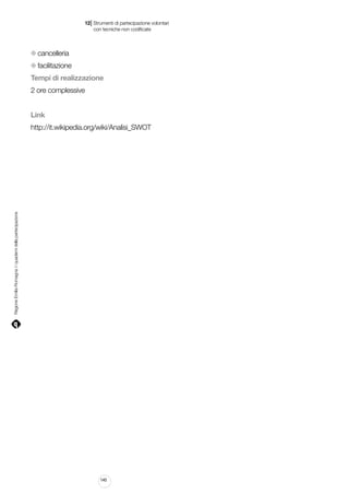 |

12 Strumenti di partecipazione volontari
	 con tecniche non codificate

cancelleria
facilitazione
Tempi di realizzazione
2 ore complessive
Link

Regione Emilia-Romagna | i quaderni della partecipazione

http://it.wikipedia.org/wiki/Analisi_SWOT

140

 