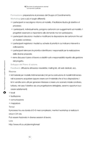 |

13 Strumenti di partecipazione volontari
	 con tecniche codificate

Formazione: preparazione al processo del Gruppo di Coordinamento.
Workshop (uno o più in luoghi differenti):
i partecipanti si raccolgono intorno al modello. Il facilitatore illustra gli obiettivi e il
processo;
i partecipanti, individualmente, pongono cartoncini con suggerimenti sul modello. I
progettisti osservano e rispondono alle domande ma non partecipano;
i partecipanti discutono i risultati e modificano la disposizione dei cartoncini fino ad
un risultato condiviso;
i partecipanti registrano i risultati su schede di priorità in cui indicano interventi e
collocazione;
i partecipanti elencano le priorità e identificano i responsabili per la realizzazione
delle diverse proposte;

Regione Emilia-Romagna | i quaderni della partecipazione

viene discusso il piano di lavoro e stabiliti ruoli e responsabilità rispetto alla gestione
del progetto.
Sviluppo del Piano di azione.
Feedback: diffusione attraverso newsletter, mailing list, siti web dedicati, ecc.
Risorse
kit/materiali per modello tridimensionale (i kit per la costruzione di modelli tridimensionali si possono acquistare oppure creare con il materiale che si ha a disposizione; i
kit in vendita sono utili per generare interesse e creare uno scenario iniziale condiviso,
tuttavia, nel caso l’obiettivo sia una progettazione dettagliata, saranno opportuni successivi adattamenti)
locali
facilitazione
comunicazione
mappatura
Tempi
Il processo ha una durata di 5-6 mesi complessivi, mentre il workshop si realizza in
circa in 3/4 ore.
Può essere frazionato in diverse sessioni di lavoro.
Link
http://www.nif.co.uk/planningforreal/

152

 