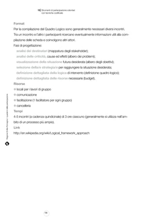 |

13 Strumenti di partecipazione volontari
	 con tecniche codificate

Format
Per la compilazione del Quadro Logico sono generalmente necessari diversi incontri.
Tra un incontro e l’altro i partecipanti ricercano eventualmente informazioni utili alla compilazione delle scheda e coinvolgono altri attori.
Fasi di progettazione:
analisi dei destinatari (mappatura degli stakeholder);
analisi delle criticità, cause ed effetti (albero dei problemi);
visualizzazione della situazione futura desiderata (albero degli obiettivi);
selezione della/e strategia/e per raggiungere la situazione desiderata;
definizione dettagliata della logica di intervento (definizione quadro logico);
definizione dettagliata delle risorse necessarie (budget).
Risorse

Regione Emilia-Romagna | i quaderni della partecipazione

locali per i lavori di gruppo
comunicazione
facilitazione (1 facilitatore per ogni gruppo)
cancelleria
Tempi
4-5 incontri (a cadenza quindicinale) di 3 ore ciascuno (generalmente si utilizza nell’ambito di un processo più ampio).
Link
http://en.wikipedia.org/wiki/Logical_framework_approach

156

 