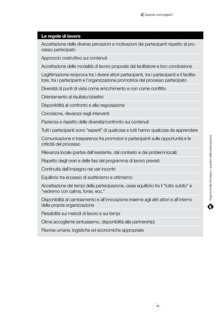 |

2 Quando coinvolgere?

Le regole di lavoro
Accettazione delle diverse percezioni e motivazioni dei partecipanti rispetto al processo partecipato
Approccio costruttivo sui contenuti
Accettazione delle modalità di lavoro proposte dal facilitatore e loro condivisione
Legittimazione reciproca tra i diversi attori partecipanti, tra i partecipanti e il facilitatore, tra i partecipanti e l’organizzazione promotrice del processo partecipato
Diversità di punti di vista come arricchimento e non come conflitto
Orientamento al risultato/obiettivi
Disponibilità al confronto e alla negoziazione
Concisione, rilevanza negli interventi
Pazienza e rispetto delle diversità/confronto sui contenuti
Comunicazione e trasparenza fra promotori e partecipanti sulle opportunità e le
criticità del processo
Rilevanza locale (partire dall’esistente, dal contesto e dai problemi locali)
Rispetto degli orari e delle fasi del programma di lavoro previsti
Continuità dell’impegno nei vari incontri
Equilibrio tra eccesso di scetticismo e ottimismo
Accettazione dei tempi della partecipazione, ossia equilibrio fra il “tutto subito” e
“vedremo con calma, forse, ecc.”
Disponibilità al cambiamento e all’innovazione insieme agli altri attori e all’interno
della propria organizzazione
Flessibilità sui metodi di lavoro e sui tempi
Clima accogliente (entusiasmo, disponibilità alla partnership)
Risorse umane, logistiche ed economiche appropriate

43

Regione Emilia-Romagna | i quaderni della partecipazione

Tutti i partecipanti sono “esperti” di qualcosa e tutti hanno qualcosa da apprendere

 