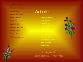 Autori: Averna Andrea Baccolo Francesca Bellini Elena Bergognini Silvia Ceresa Simone Cominelli Alessia Leali Davide Manfre' Lorenzo Motta Marco Pasqua Rocco Valmaggia Lorenzo Bergomi Giovanni Delai Giorgia Hysa Klara Isernia Francesco Latorre Silvia Leali Mattia Leka Martina Marciano Daniel Mezzapelle Arianna Perci Mariglen Sassi Erika Insegnanti: Belich Stefania  Perini Alda 