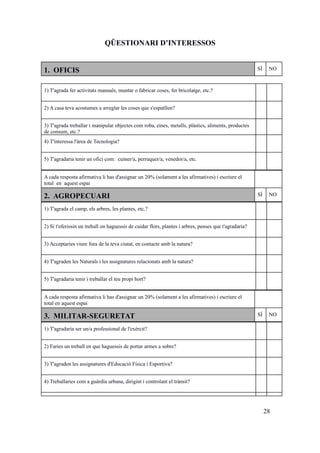 QÜESTIONARI D’INTERESSOS
1. OFICIS SÍ NO
1) T'agrada fer activitats manuals, muntar o fabricar coses, fer bricolatge, etc.?
2) A casa teva acostumes a arreglar les coses que s'espatllen?
3) T'agrada treballar i manipular objectes com roba, eines, metalls, plàstics, aliments, productes
de consum, etc.?
4) T'interessa l'àrea de Tecnologia?
5) T'agradaria tenir un ofici com: cuiner/a, perruquer/a, venedor/a, etc.
A cada resposta afirmativa li has d'assignar un 20% (solament a les afirmatives) i escriure el
total en aquest espai
2. AGROPECUARI SÍ NO
1) T'agrada el camp, els arbres, les plantes, etc.?
2) Si t'oferissin un treball on haguessis de cuidar flors, plantes i arbres, penses que t'agradaria?
3) Acceptaries viure fora de la teva ciutat, en contacte amb la natura?
4) T'agraden les Naturals i les assignatures relacionats amb la natura?
5) T'agradaria tenir i treballar el teu propi hort?
A cada resposta afirmativa li has d'assignar un 20% (solament a les afirmatives) i escriure el
total en aquest espai
3. MILITAR-SEGURETAT SÍ NO
1) T'agradaria ser un/a professional de l'exèrcit?
2) Faries un treball en que haguessis de portar armes a sobre?
3) T'agraden les assignatures d'Educació Física i Esportiva?
4) Treballaries com a guàrdia urbana, dirigint i controlant el trànsit?
28
 